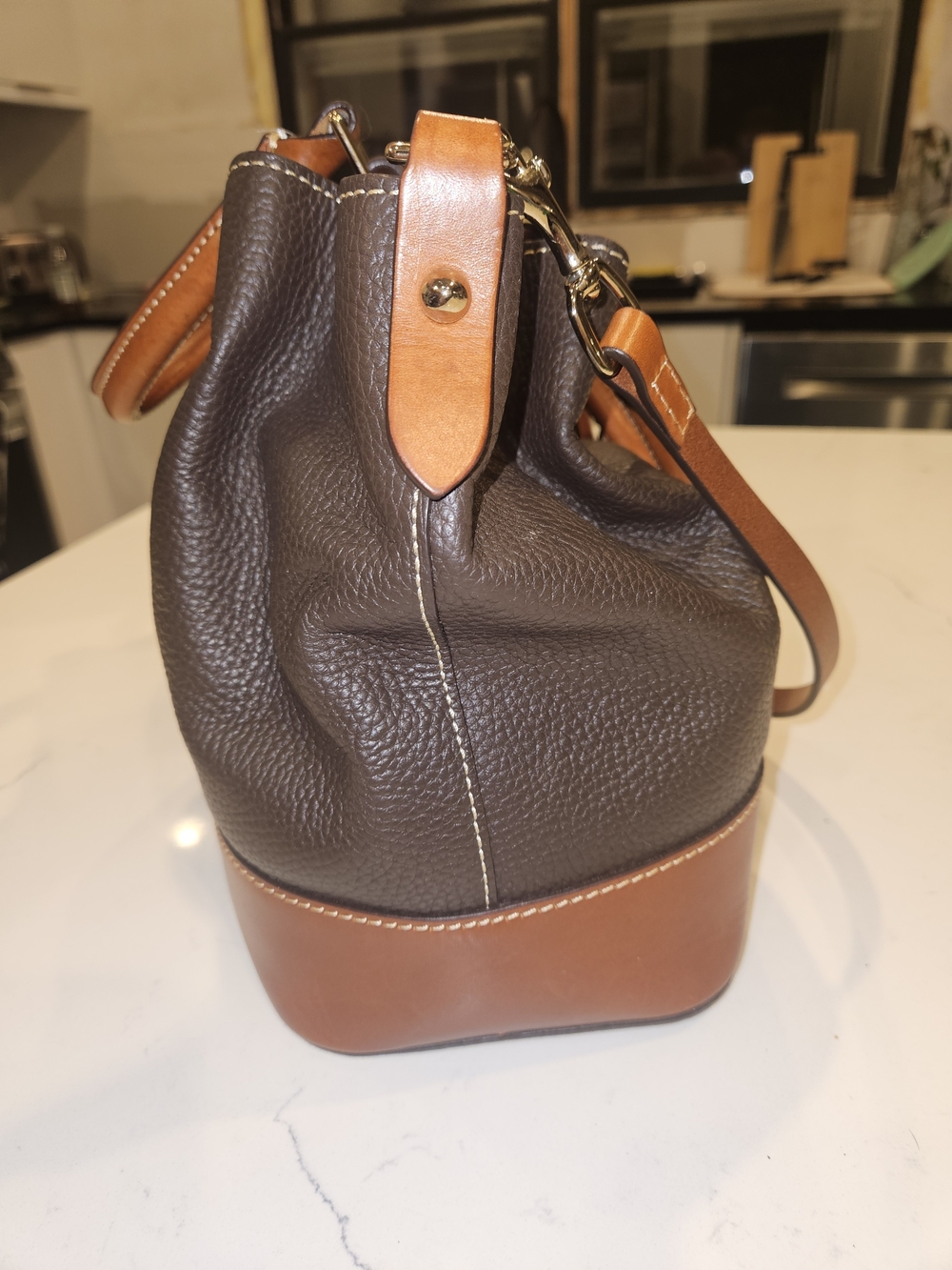 Dooney & Bourke Brown Pebbled Leather Satchel with Tan Trim - Picture 2 of 8
